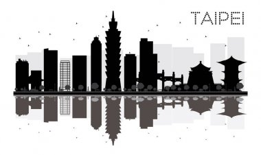 Taipei şehir manzarası siyah beyaz siluet yansımaları ile.