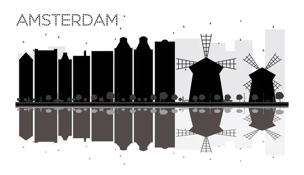 Amsterdam City skyline svartvit siluett med reflectio — Stock vektor