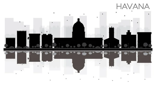 Havana City skyline silhueta em preto e branco com reflexos . —  Vetores de Stock