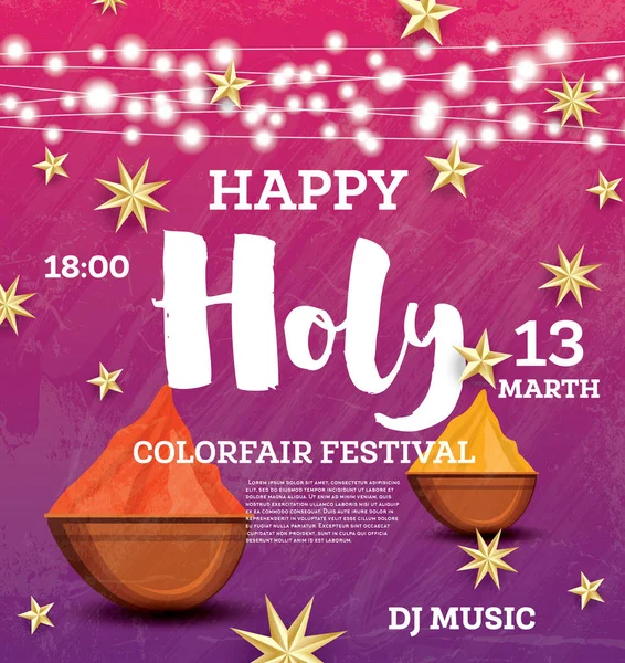 Happy Holi oslava plakát s neony a zlaté hvězdičky. — Stockový vektor