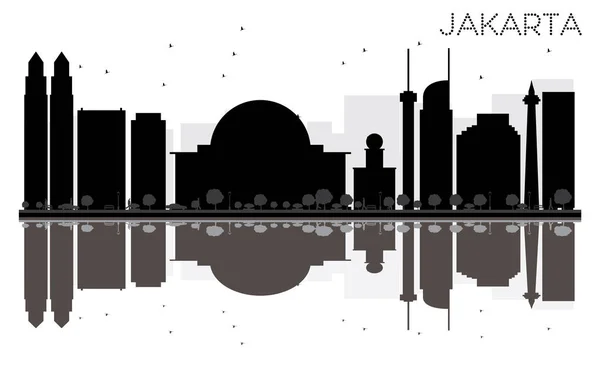 Jakarta City skyline hitam dan putih siluet dengan refleksi - Stok Vektor