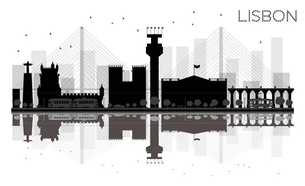 Lisbona City skyline silhouette in bianco e nero con riflessi . — Vettoriale Stock