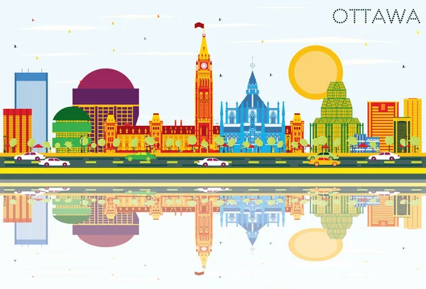 Ottawa Skyline med färg byggnader, blå himmel och reflektioner. — Stock vektor