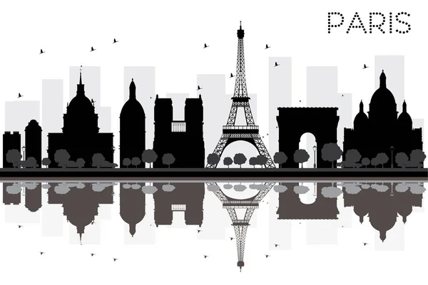 Paris City skyline black and white silhouette with reflections. — Stock Vector