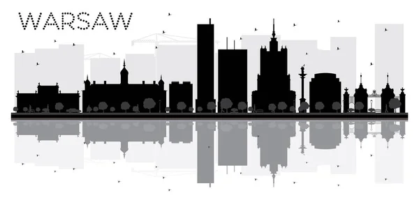 Warschau skyline zwart-wit silhouet met reflecties. — Stockvector