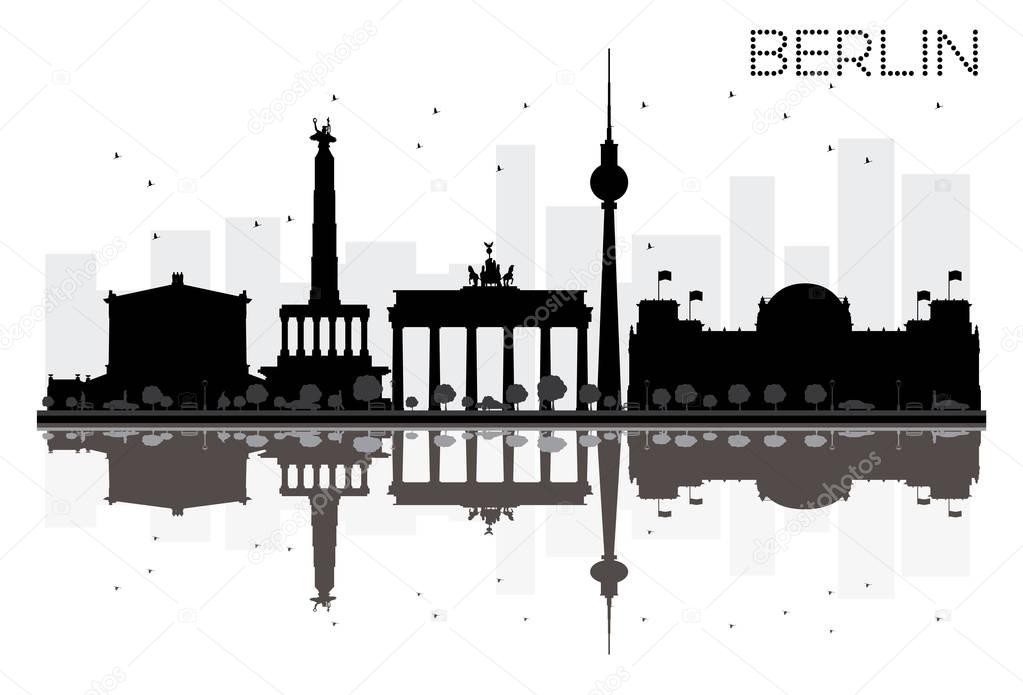 Berlin City skyline black and white silhouette with reflections.