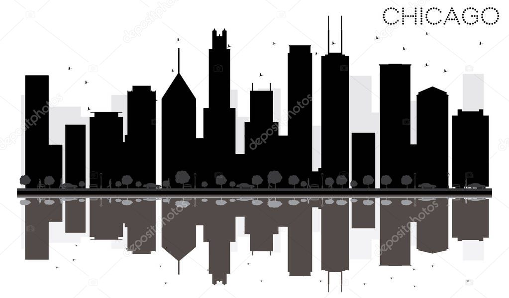 Chicago City skyline black and white silhouette with reflections