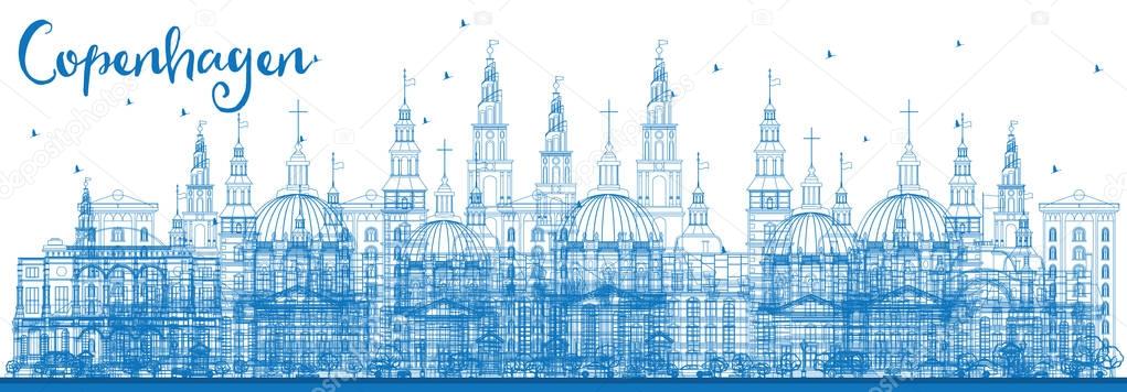 Outline Copenhagen Skyline with Blue Landmarks.