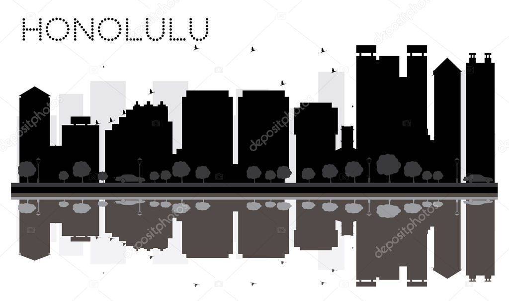 Honolulu City skyline black and white silhouette with reflection