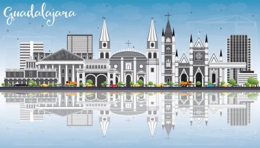 Guadalajara manzarası gri binalar, mavi gökyüzü ve yansıma ile