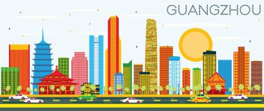 Guangzhou manzarası renkli binalar ve mavi gökyüzü ile.