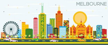 Melbourne manzarası renkli binalar ve mavi gökyüzü ile.
