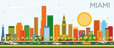 Miami manzarası renkli binalar ve mavi gökyüzü ile.