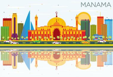 Manama manzarası renkli binalar, mavi gökyüzü ve yansımaları ile.