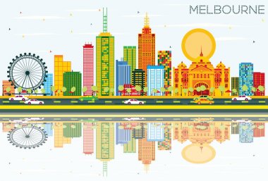 Melbourne manzarası renkli binalar, mavi gökyüzü ve yansımaları ile