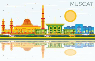 Muscat manzarası renkli binalar, mavi gökyüzü ve yansımaları ile.