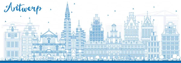 Esquema del horizonte de Amberes con edificios azules . — Vector de stock