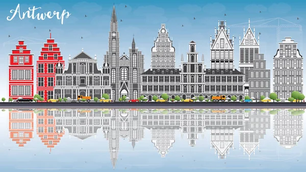 Antwerpia Skyline z szarości budynków, Błękitne niebo i refleksje. — Wektor stockowy