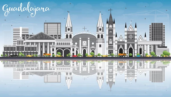 Skyline Guadalajara com Edifícios Cinzentos, Céu Azul e Reflexão —  Vetores de Stock