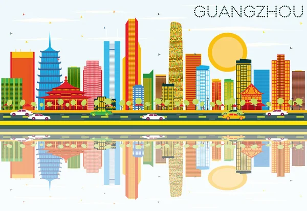 Guangzhou Skyline mit farbigen Gebäuden, blauem Himmel und Spiegelungen — Stockvektor