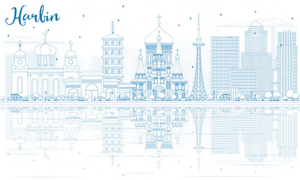 Esquema de Harbin Skyline con edificios azules y reflexiones . — Vector de stock