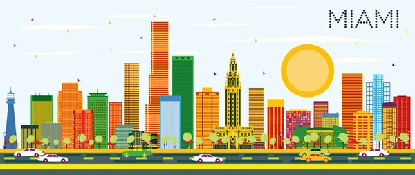 Miami manzarası renkli binalar ve mavi gökyüzü ile.