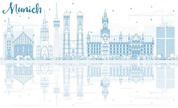 Esquema de Munich Skyline con edificios azules y reflexiones . — Vector de stock