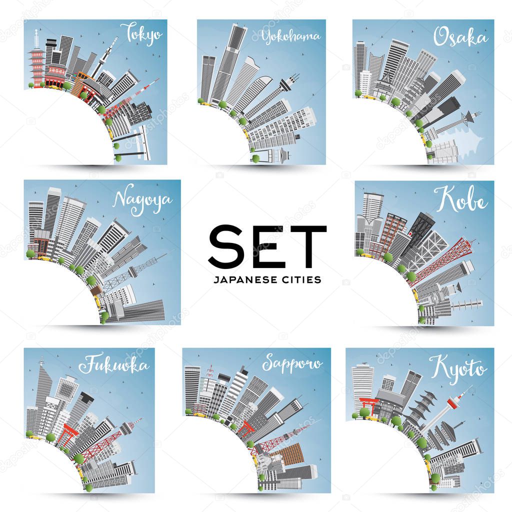 Set of 8 Japanese Cities with Gray Buildings and Blue Sky.