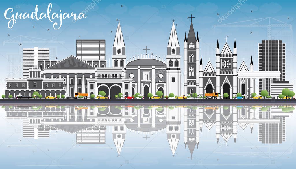 Guadalajara Skyline with Gray Buildings, Blue Sky and Reflection