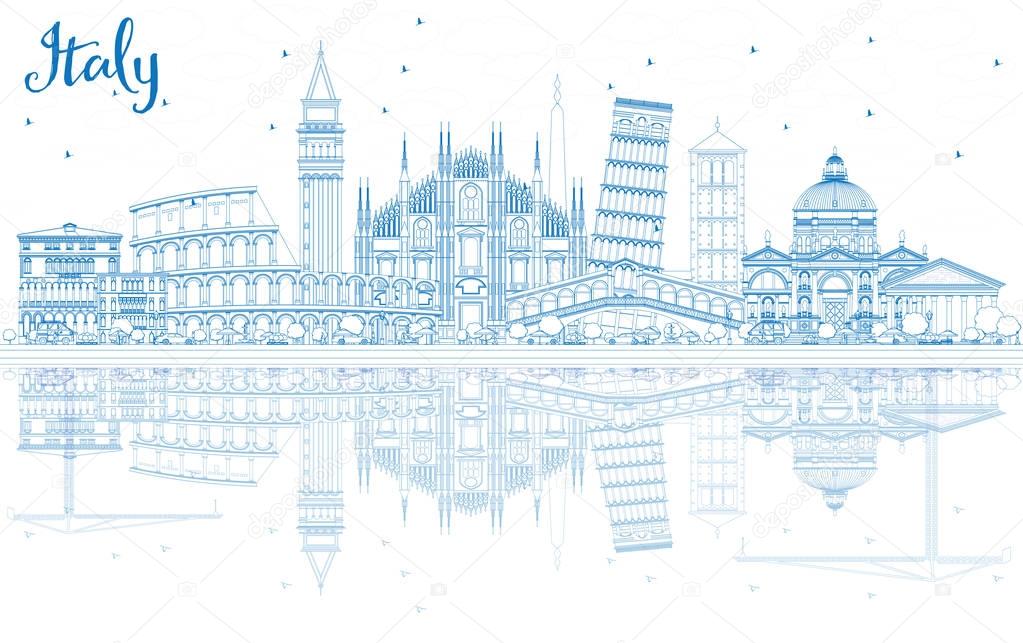Outline Italy Skyline with Blue Landmarks and Reflections.