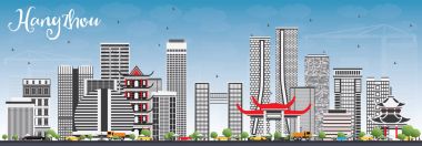 Hangzhou manzarası gri binalar ve mavi gökyüzü ile. 