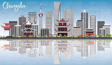 Chengdu manzarası ile gri binalar, mavi gökyüzü ve yansımaları.
