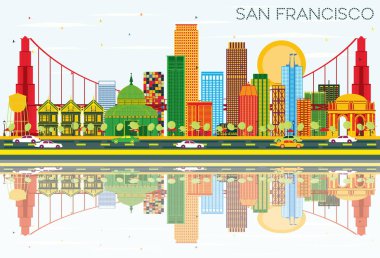 San Francisco Skyline renk binalar, mavi gökyüzü ve yansıtmak