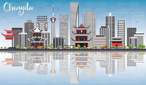 Skyline de Chengdu con edificios grises, cielo azul y reflexiones . — Vector de stock