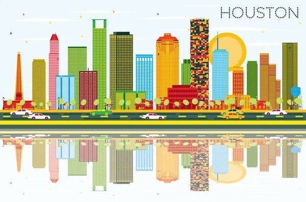 Houston manzarası renkli binalar, mavi gökyüzü ve yansımaları ile. — Stok Vektör