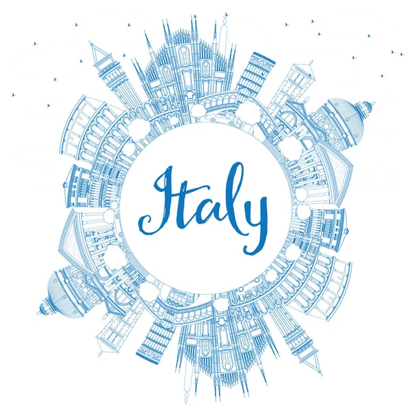 Περίγραμμα ορίζοντα Ιταλία με μπλε σημεία ενδιαφέροντος και αντίγραφο χώρου. — Διανυσματικό Αρχείο