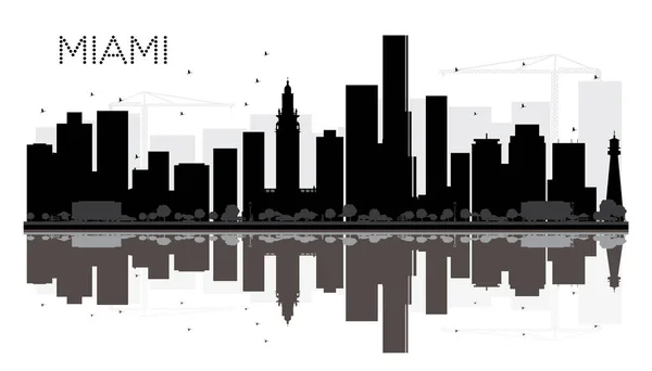 Miami City skyline zwart-wit silhouet met reflecties. — Stockvector