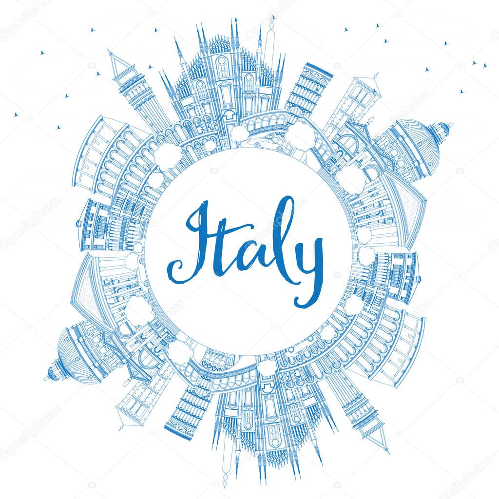 Outline Italy Skyline with Blue Landmarks and Copy Space.