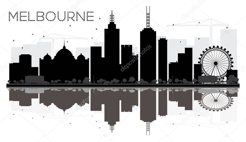 Melbourne City skyline black and white silhouette with reflectio