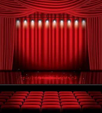 Red Stage Curtain with Spotlights, Seats and Copy Space. clipart