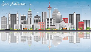 San Antonio Skyline gri binalar, mavi gökyüzü ve yansıma ile