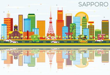 Sapporo manzarası renkli binalar, mavi gökyüzü ve yansımaları ile.