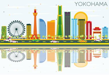Yokohama manzarası renkli binalar, mavi gökyüzü ve yansımaları ile.