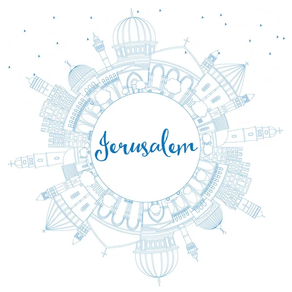 Esquema de Jerusalén Skyline con edificios azules y espacio de copia . — Vector de stock