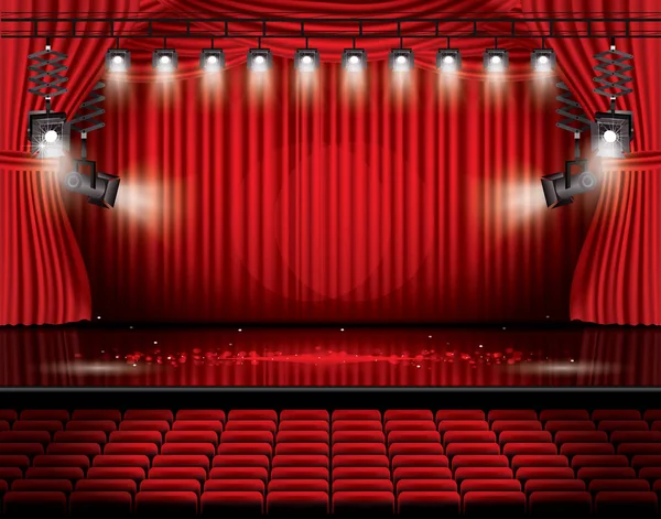 Cortina de palco vermelho com holofotes, assentos e espaço de cópia . — Vetor de Stock