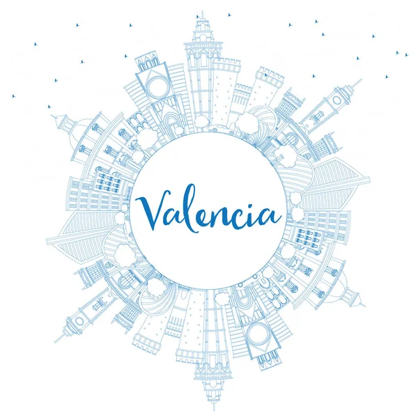 Obrys Valencia Panorama s modré budovy a kopírovat prostor. — Stockový vektor