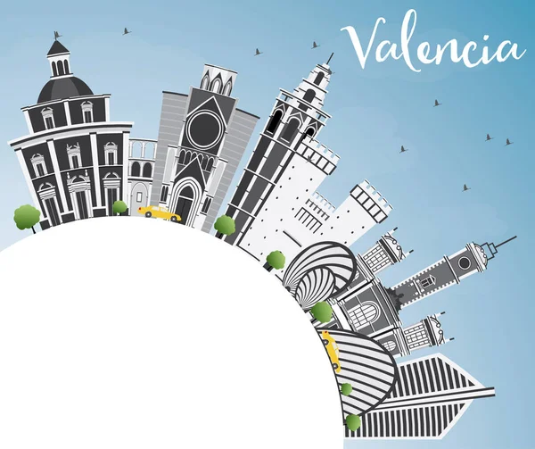 Valencia Skyline con edificios grises, cielo azul y espacio para copiar . — Vector de stock