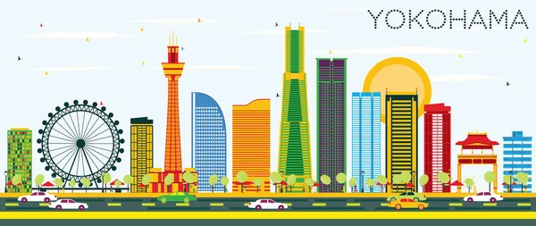 Yokohama Skyline con edificios de color y cielo azul . — Vector de stock