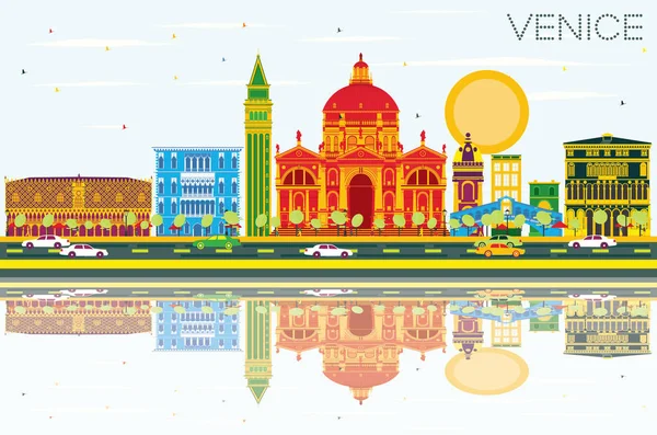 Στον ορίζοντα της Βενετίας με χρώμα κτίρια, μπλε του ουρανού και αντανακλάσεις. — Διανυσματικό Αρχείο