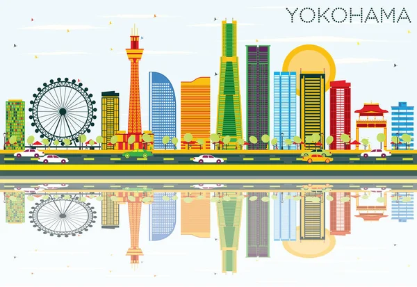 Yokohama Skyline con edificios de color, cielo azul y reflexiones . — Vector de stock